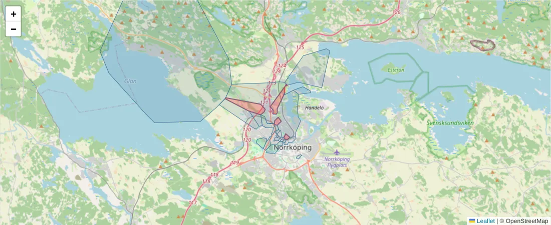 Karta över postnummerområdet  och angränsande postnummer i Sverige