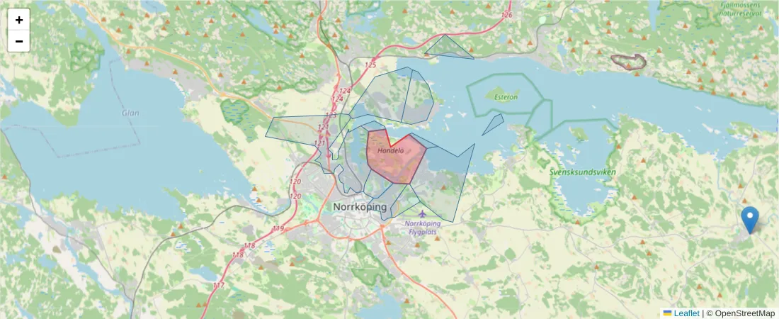 Karta över postnummerområdet  och angränsande postnummer i Sverige