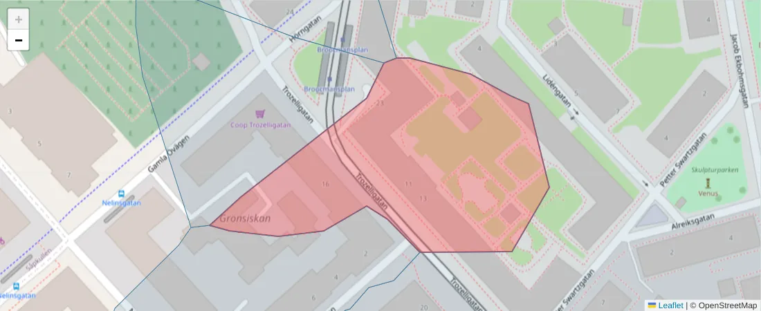 Karta över postnummerområdet  och angränsande postnummer i Sverige