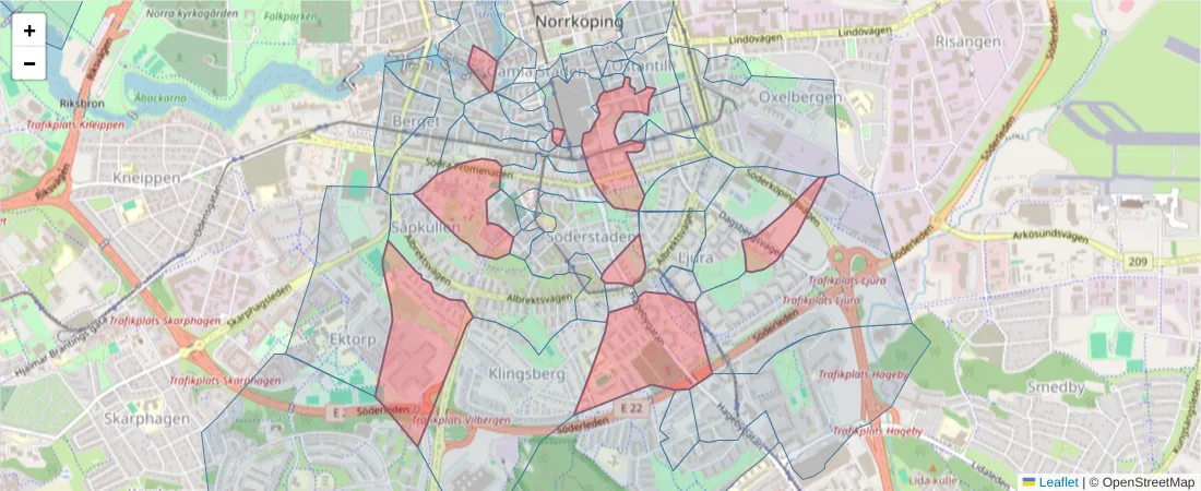 Karta över postnummerområdet  och angränsande postnummer i Sverige