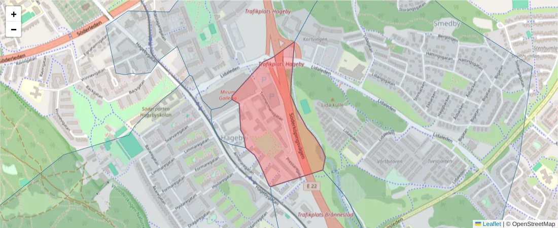 Karta över postnummerområdet  och angränsande postnummer i Sverige