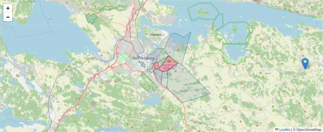 Karta över postnummerområdet  och angränsande postnummer i Sverige