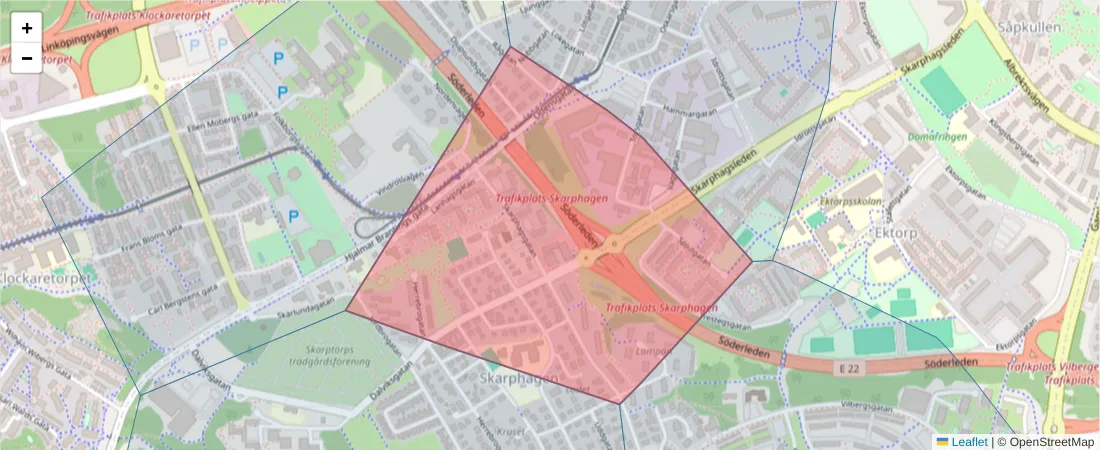 Karta över postnummerområdet  och angränsande postnummer i Sverige