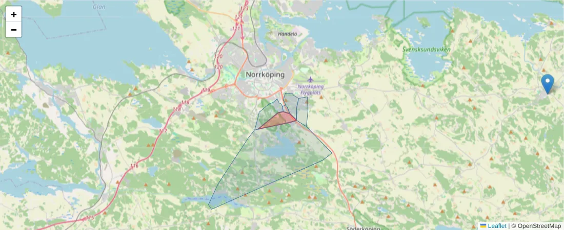 Karta över postnummerområdet  och angränsande postnummer i Sverige