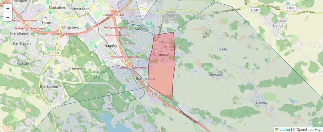 Karta över postnummerområdet  och angränsande postnummer i Sverige