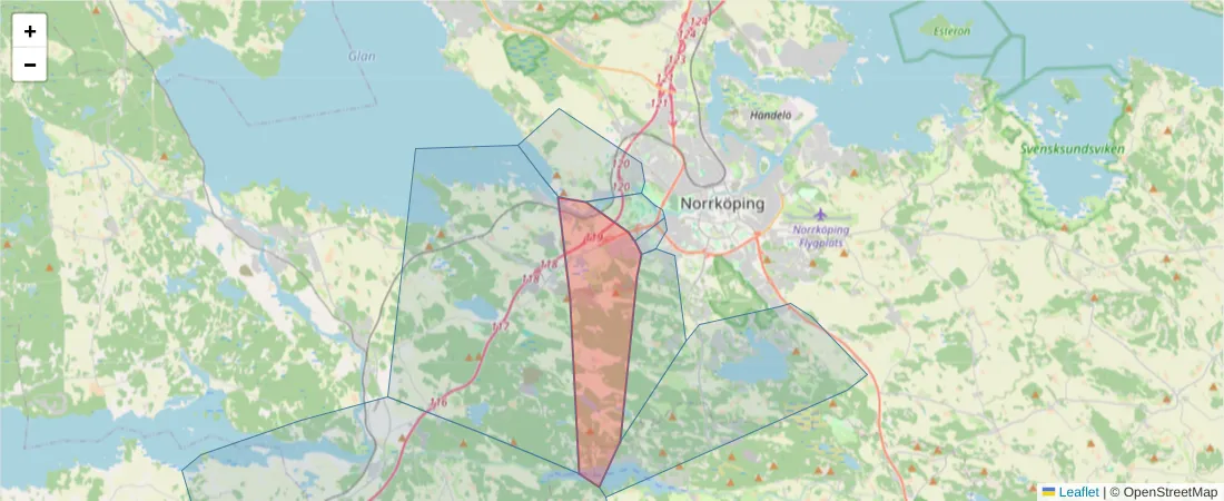 Karta över postnummerområdet  och angränsande postnummer i Sverige