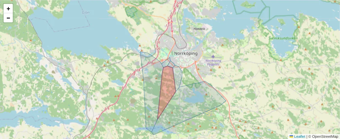 Karta över postnummerområdet  och angränsande postnummer i Sverige