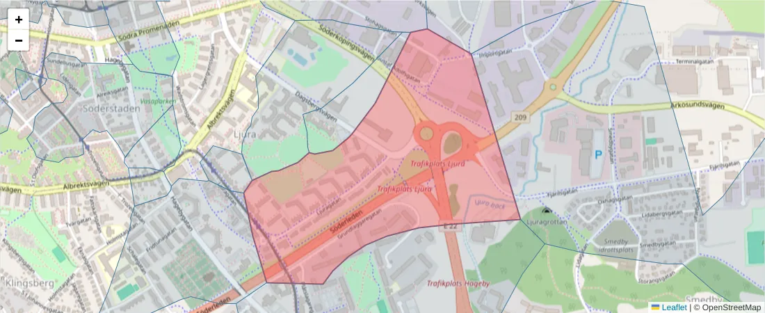 Karta över postnummerområdet  och angränsande postnummer i Sverige