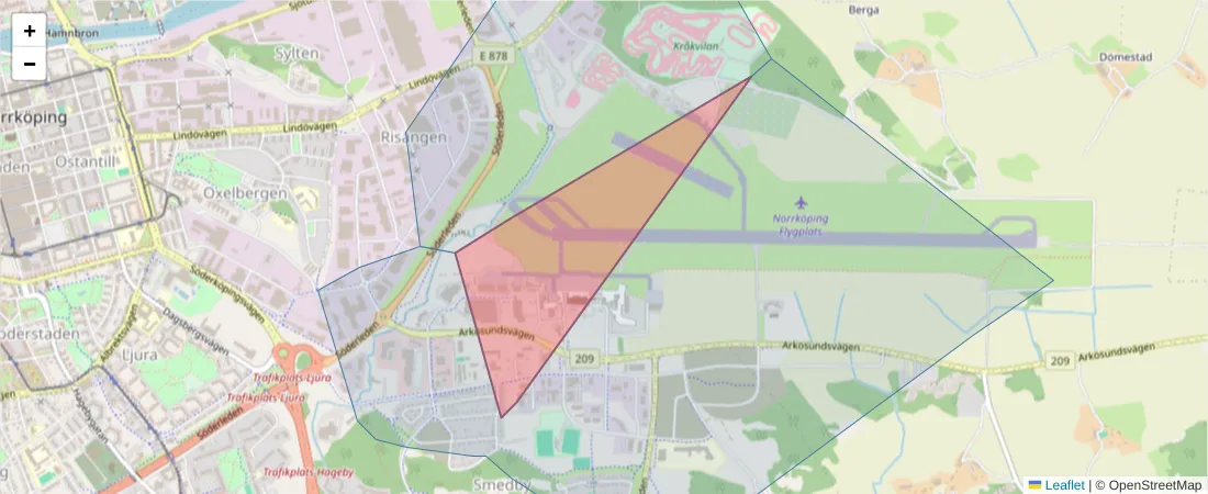 Karta över postnummerområdet  och angränsande postnummer i Sverige