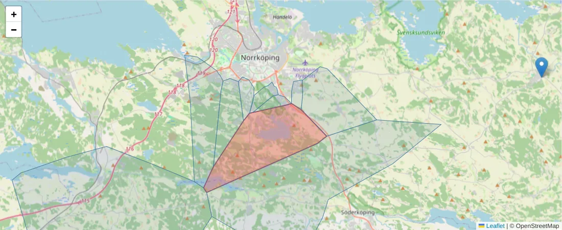 Karta över postnummerområdet  och angränsande postnummer i Sverige