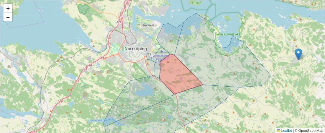 Karta över postnummerområdet  och angränsande postnummer i Sverige