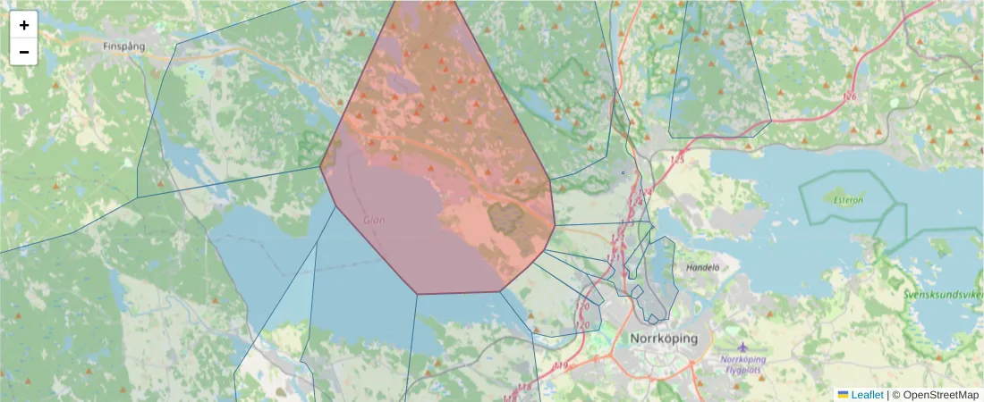 Karta över postnummerområdet  och angränsande postnummer i Sverige