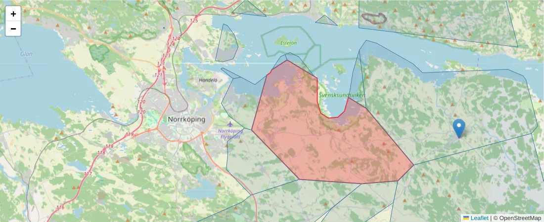 Karta över postnummerområdet  och angränsande postnummer i Sverige