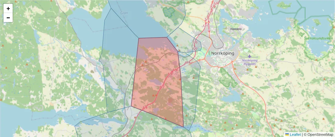 Karta över postnummerområdet  och angränsande postnummer i Sverige