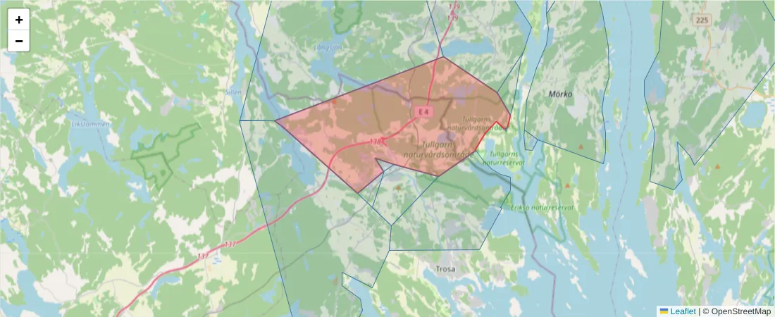 Karta över postnummerområdet  och angränsande postnummer i Sverige
