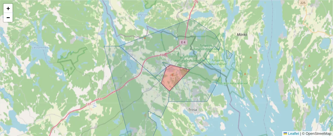 Karta över postnummerområdet  och angränsande postnummer i Sverige