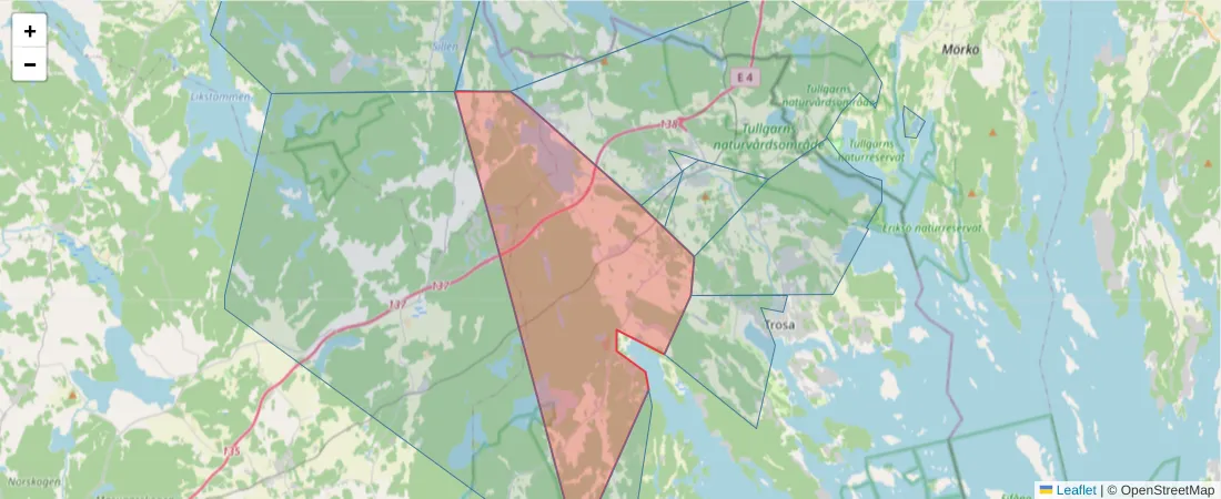 Karta över postnummerområdet  och angränsande postnummer i Sverige