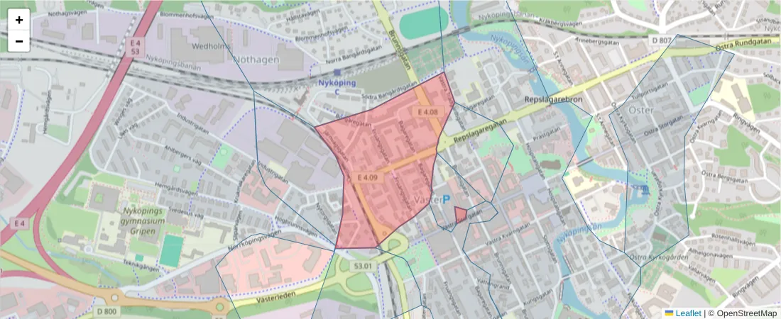 Karta över postnummerområdet  och angränsande postnummer i Sverige
