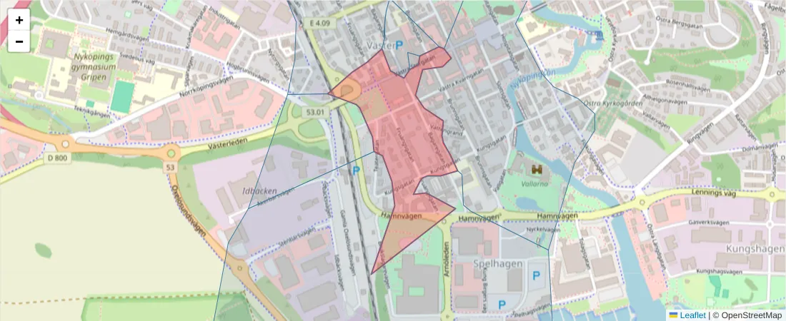 Karta över postnummerområdet  och angränsande postnummer i Sverige