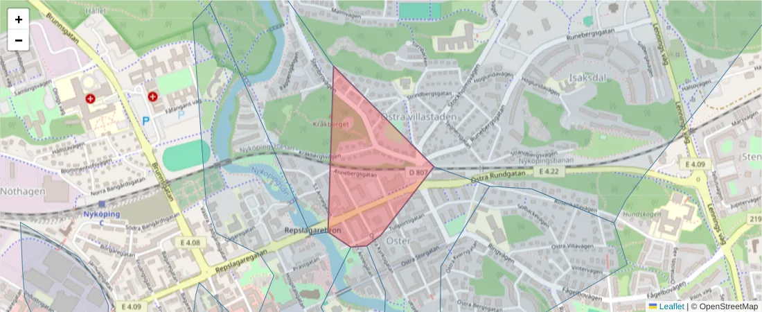 Karta över postnummerområdet  och angränsande postnummer i Sverige