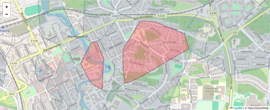 Karta över postnummerområdet  och angränsande postnummer i Sverige