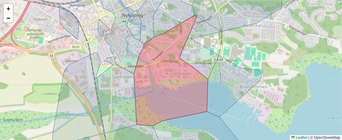 Karta över postnummerområdet  och angränsande postnummer i Sverige