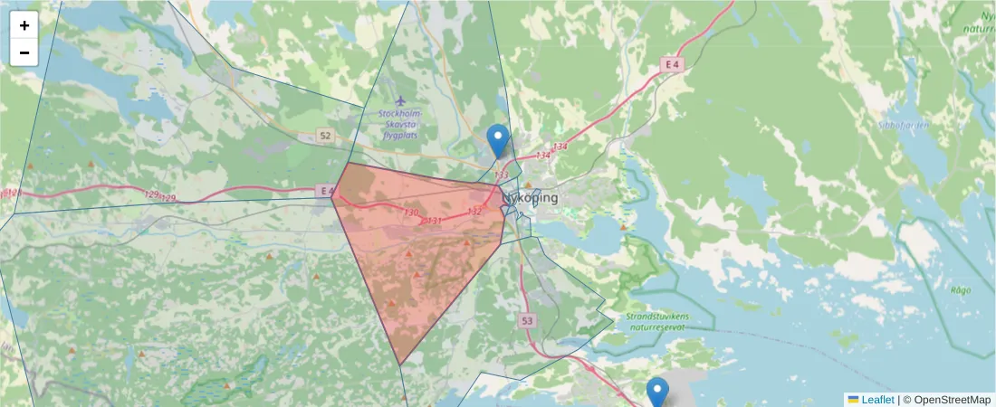 Karta över postnummerområdet  och angränsande postnummer i Sverige