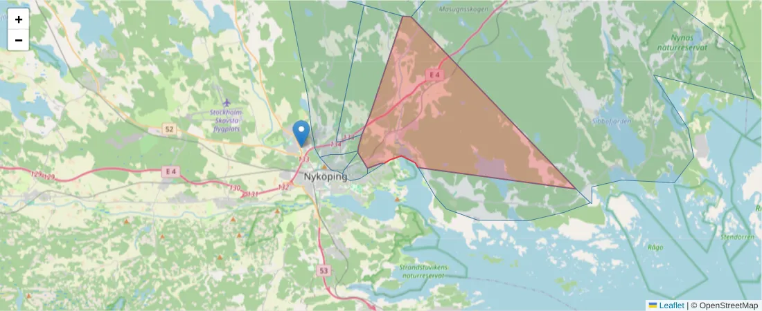 Karta över postnummerområdet  och angränsande postnummer i Sverige
