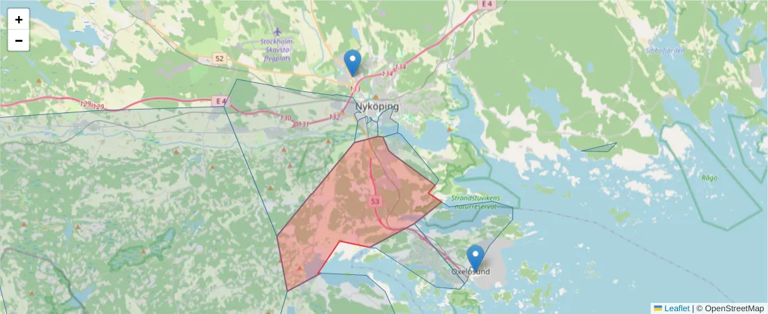Karta över postnummerområdet  och angränsande postnummer i Sverige