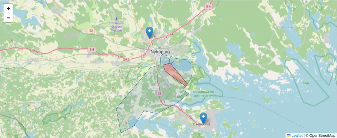 Karta över postnummerområdet  och angränsande postnummer i Sverige
