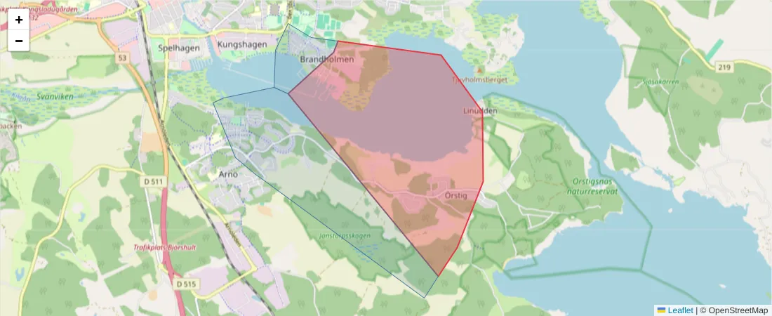 Karta över postnummerområdet  och angränsande postnummer i Sverige