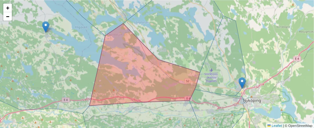 Karta över postnummerområdet  och angränsande postnummer i Sverige