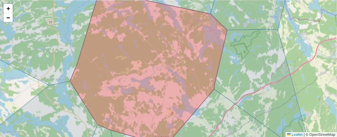 Karta över postnummerområdet  och angränsande postnummer i Sverige