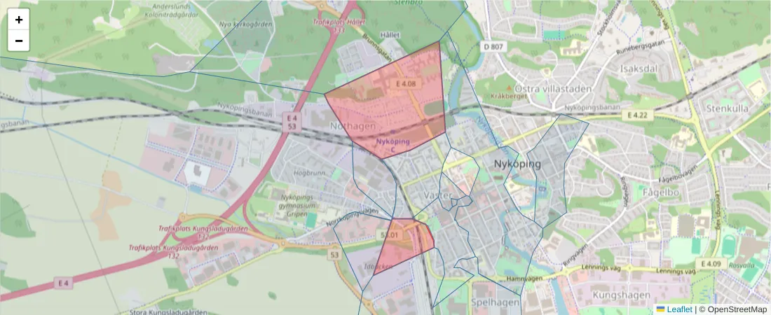 Karta över postnummerområdet  och angränsande postnummer i Sverige