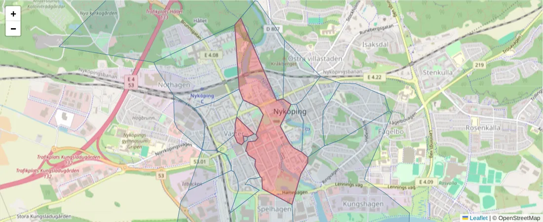 Karta över postnummerområdet  och angränsande postnummer i Sverige