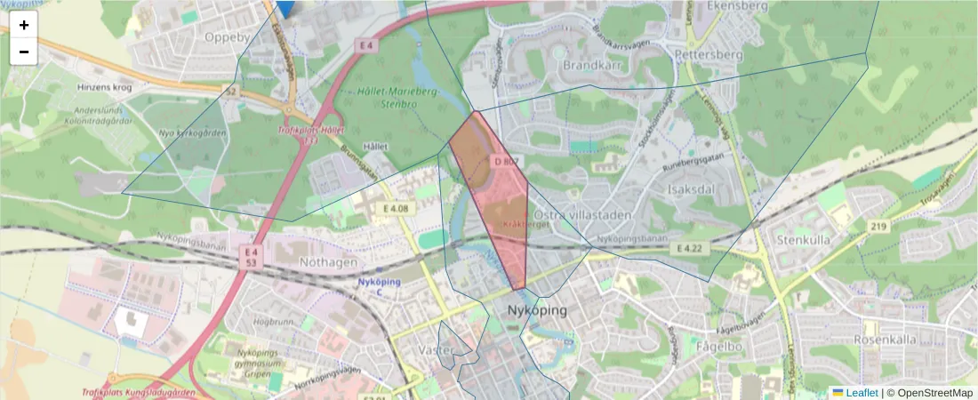 Karta över postnummerområdet  och angränsande postnummer i Sverige