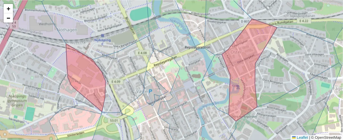 Karta över postnummerområdet  och angränsande postnummer i Sverige