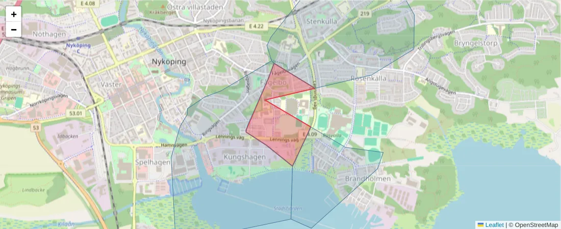 Karta över postnummerområdet  och angränsande postnummer i Sverige
