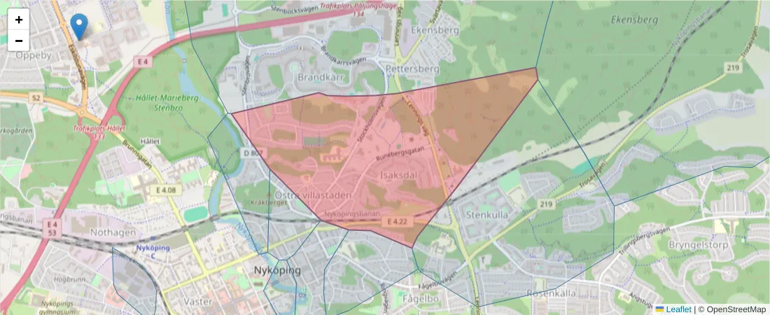 Karta över postnummerområdet  och angränsande postnummer i Sverige
