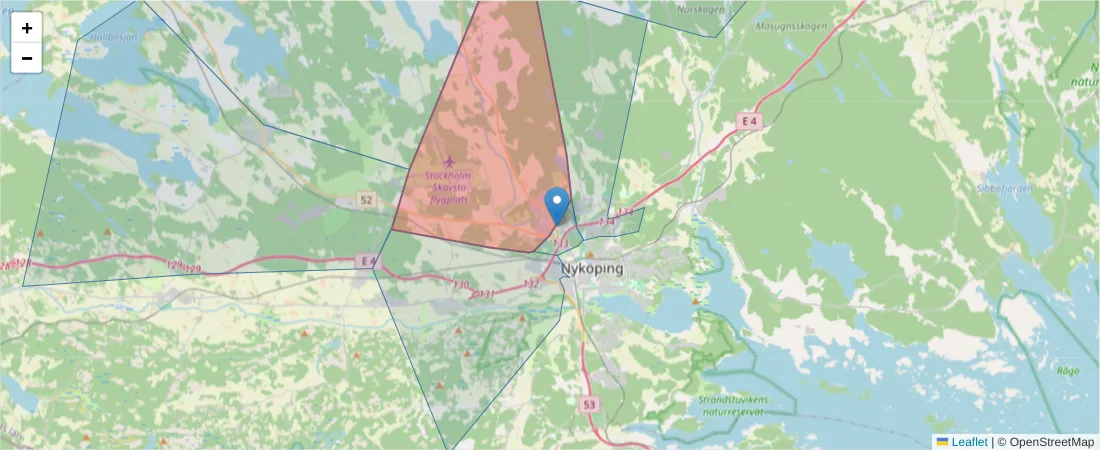 Karta över postnummerområdet  och angränsande postnummer i Sverige