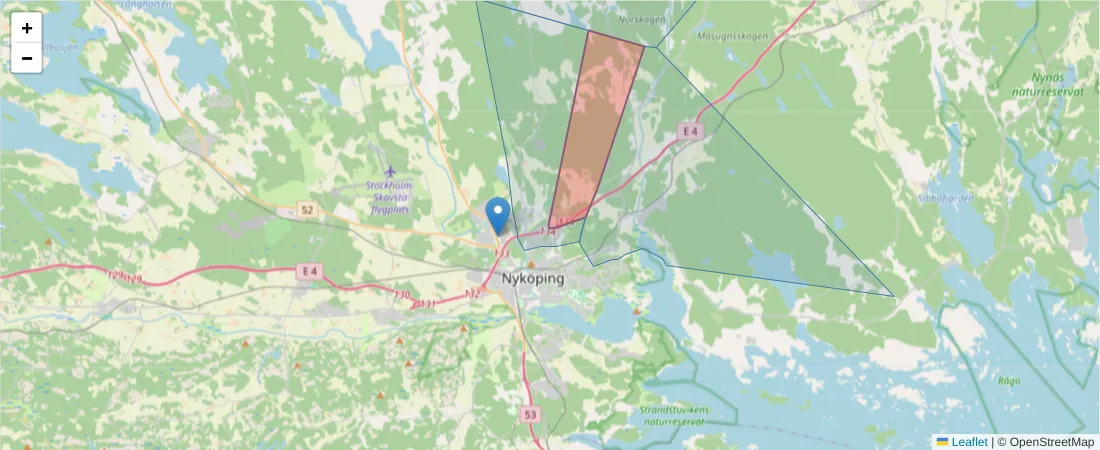 Karta över postnummerområdet  och angränsande postnummer i Sverige