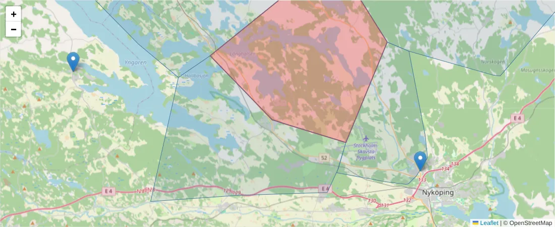 Karta över postnummerområdet  och angränsande postnummer i Sverige