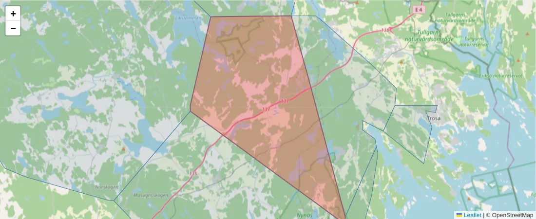 Karta över postnummerområdet  och angränsande postnummer i Sverige