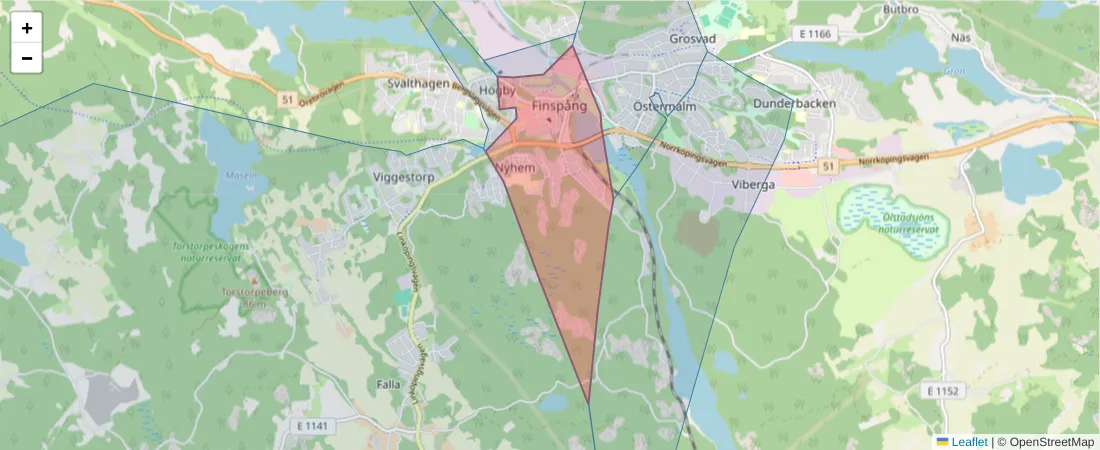 Karta över postnummerområdet  och angränsande postnummer i Sverige