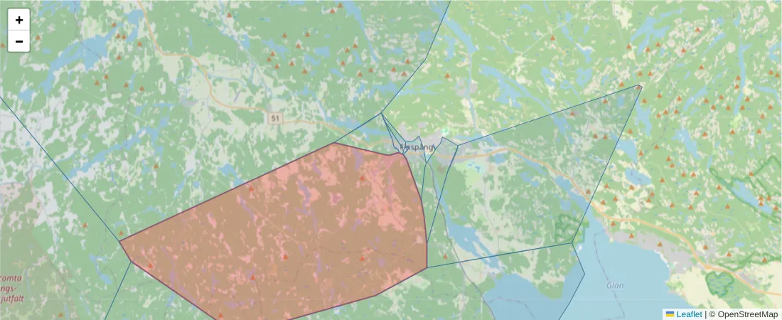 Karta över postnummerområdet  och angränsande postnummer i Sverige