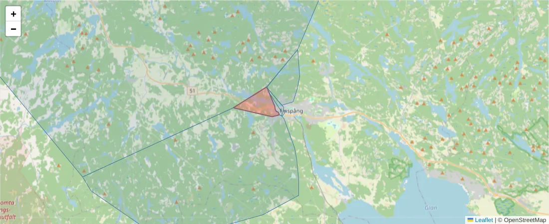 Karta över postnummerområdet  och angränsande postnummer i Sverige