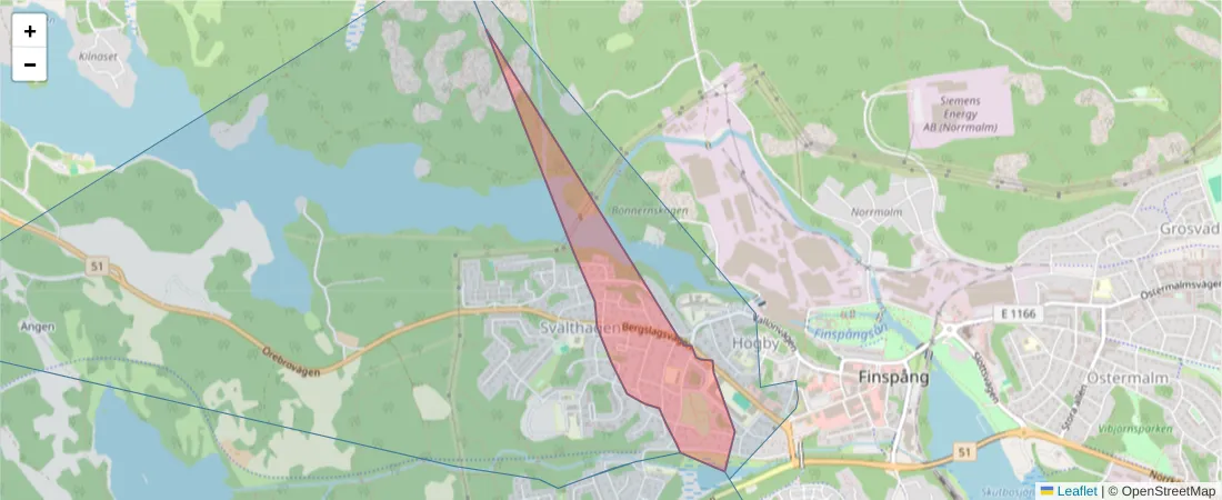 Karta över postnummerområdet  och angränsande postnummer i Sverige