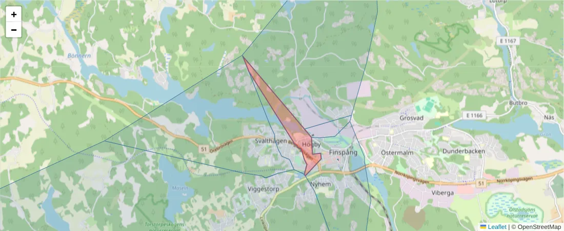 Karta över postnummerområdet  och angränsande postnummer i Sverige