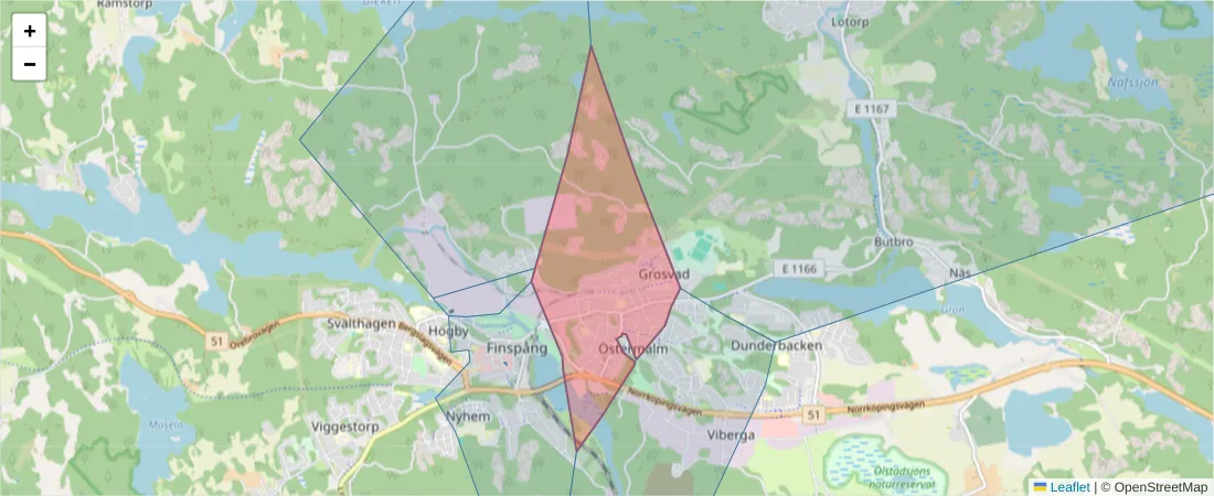 Karta över postnummerområdet  och angränsande postnummer i Sverige