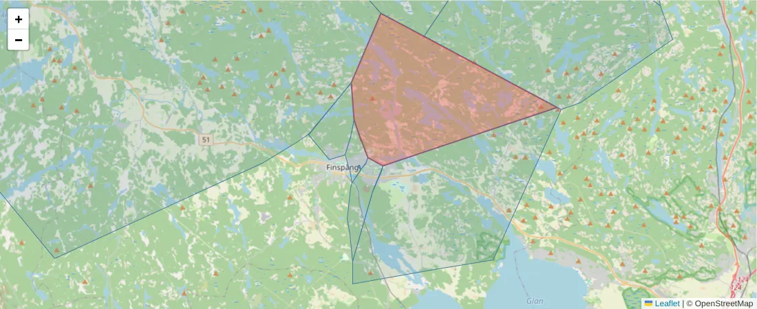 Karta över postnummerområdet  och angränsande postnummer i Sverige